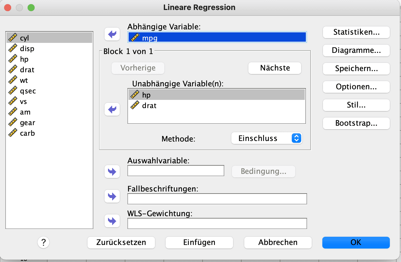 SPSS-Dialogfenster für die lineare Regression: Auswahl der abhängigen und unabhängigen Variablen