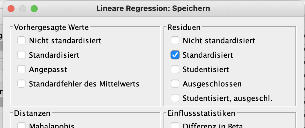 SPSS-Dialogfenster Speichern: Option standardisierte Residuen aktiviert