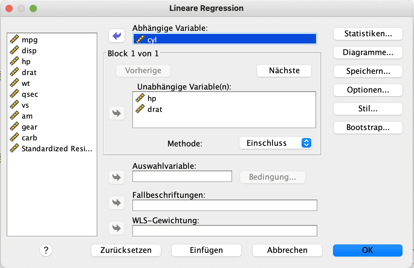 SPSS-Dialogfenster für die lineare Regression: unabhängige Variable von Interesse als abhängige Variable