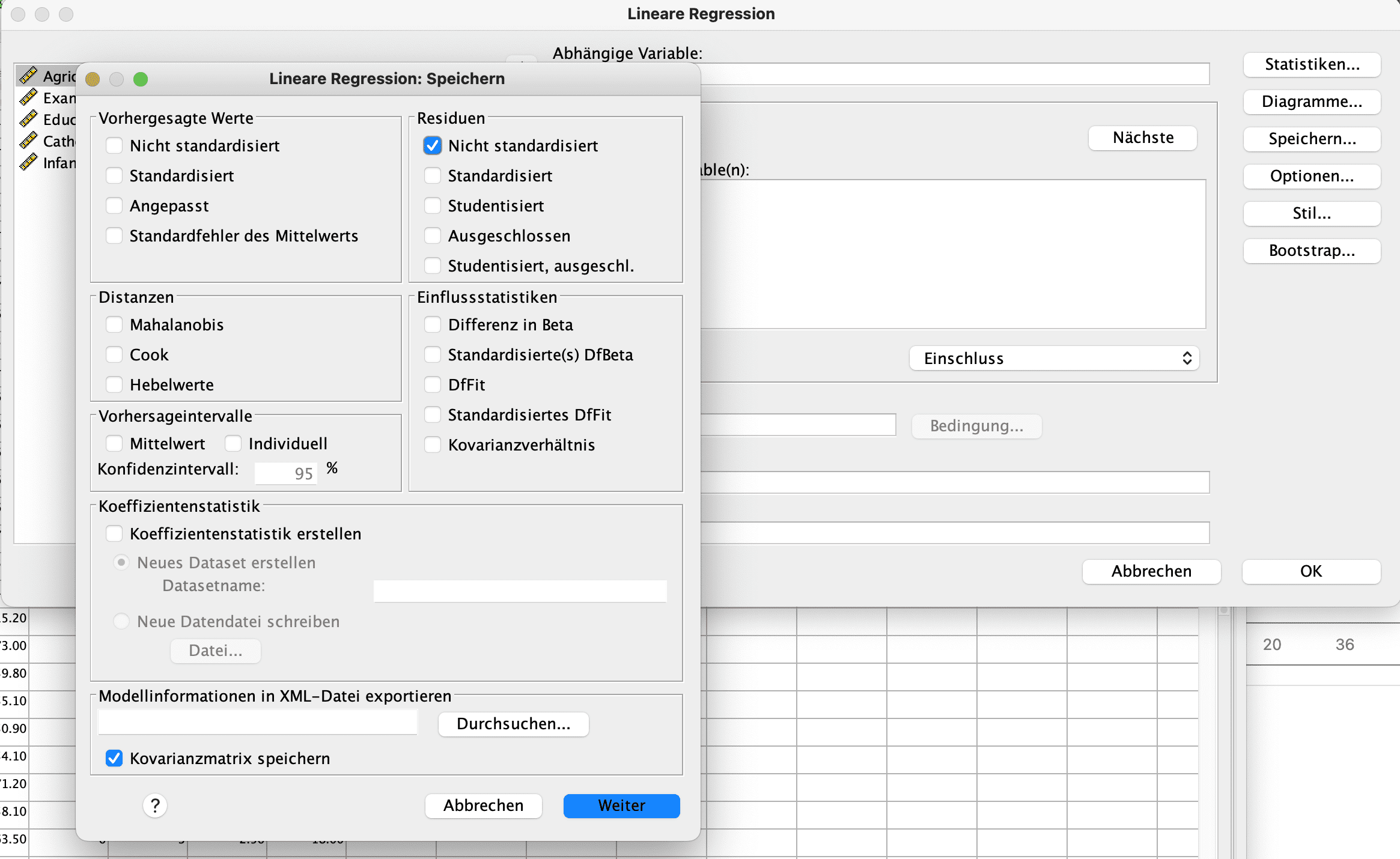 SPSS-Dialogfenster Speichern: Option nicht standardisierte Residuen aktiviert